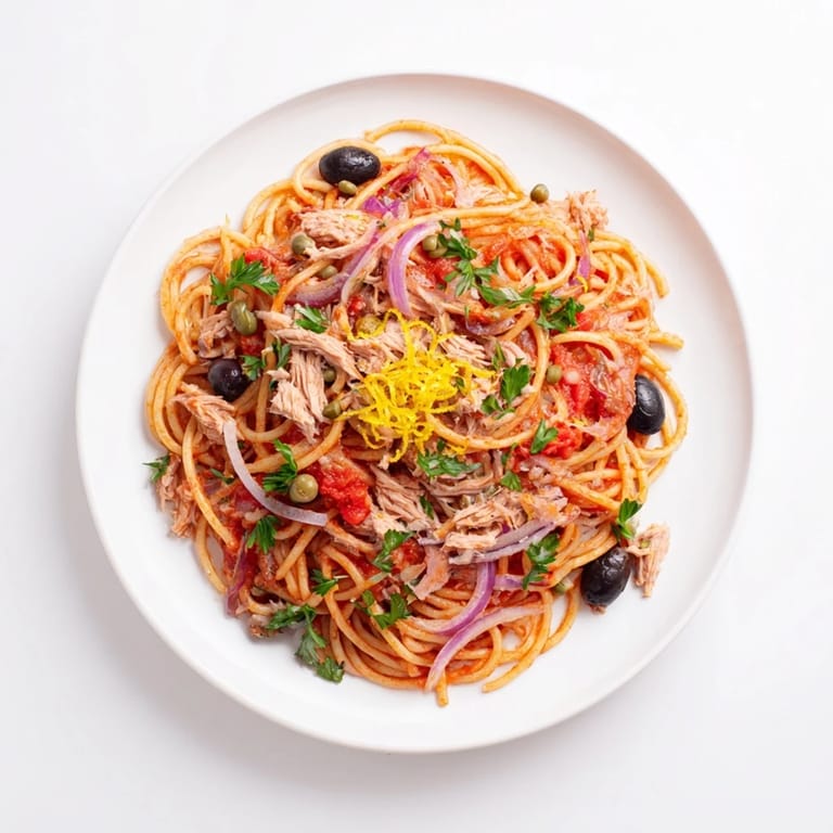 Close-up photo of pasta with tuna, olives, and capers, boasting colorful Mediterranean flavors.