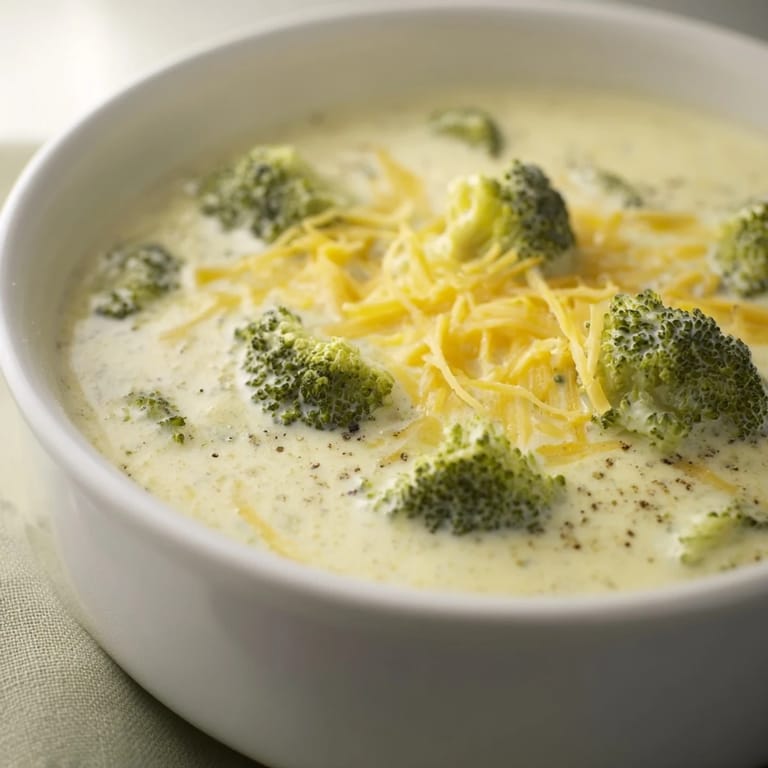 Homemade broccoli cheese soup, pictured with melted cheese, offers a comforting, savory experience.