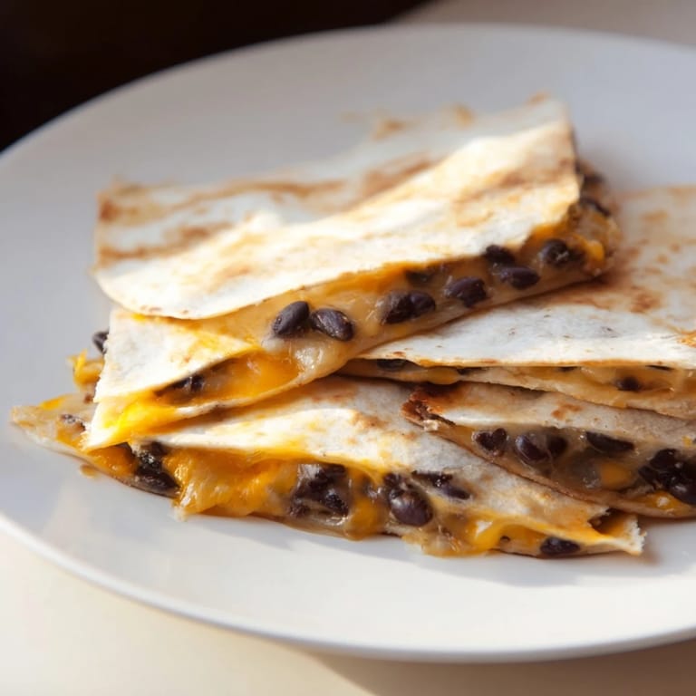 Folded Bean & Cheese Quesadillas, with bubbly cheese peeking out, ready to be sliced and devoured.