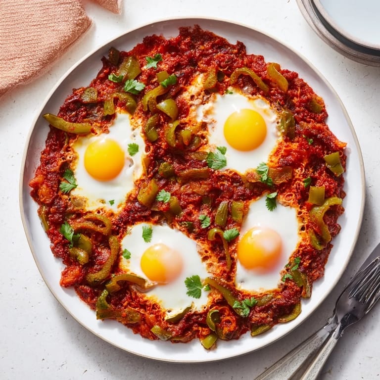 Close-up of bubbling Shakshuka, spices releasing aromas, showcasing a flavorful dish for brunch.