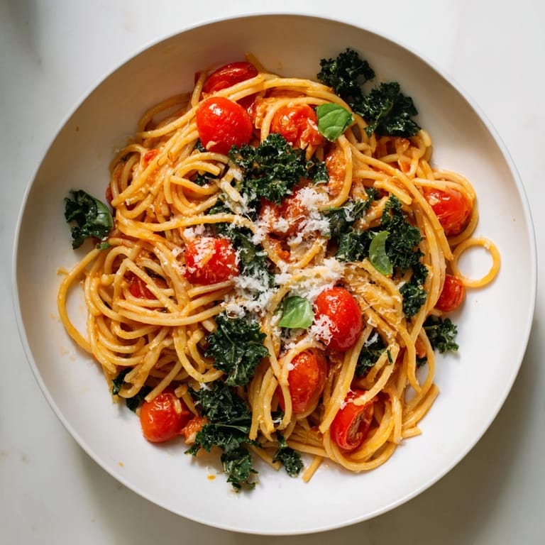 This flavorful one-pot spaghetti recipe features perfectly cooked pasta mixed with fresh greens and herbs.