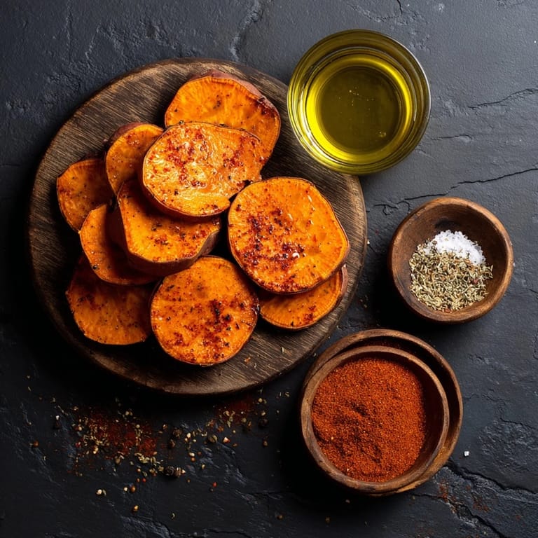 Close-up of crispy roasted sweet potato wedges, ready to dip in herbed yogurt sauce.