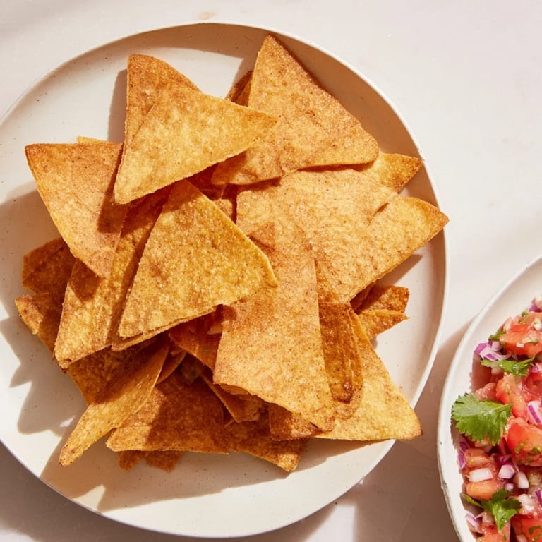 Air-fryer tortilla chips served alongside a chunky salsa, a perfect, flavorful snack for sharing tonight.