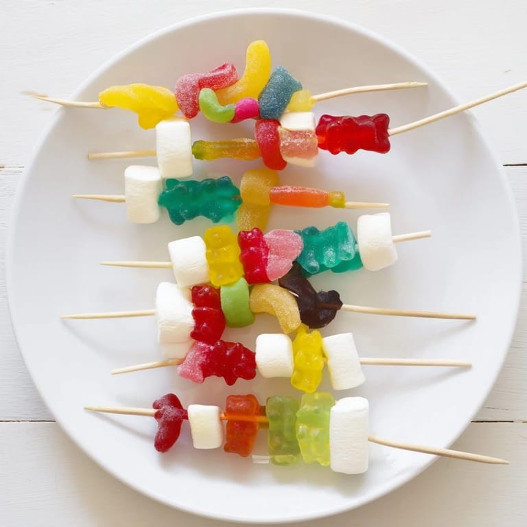 Easy-to-assemble gummy candy kabobs: a fun and vibrant dessert skewer bursting with chewy goodness.