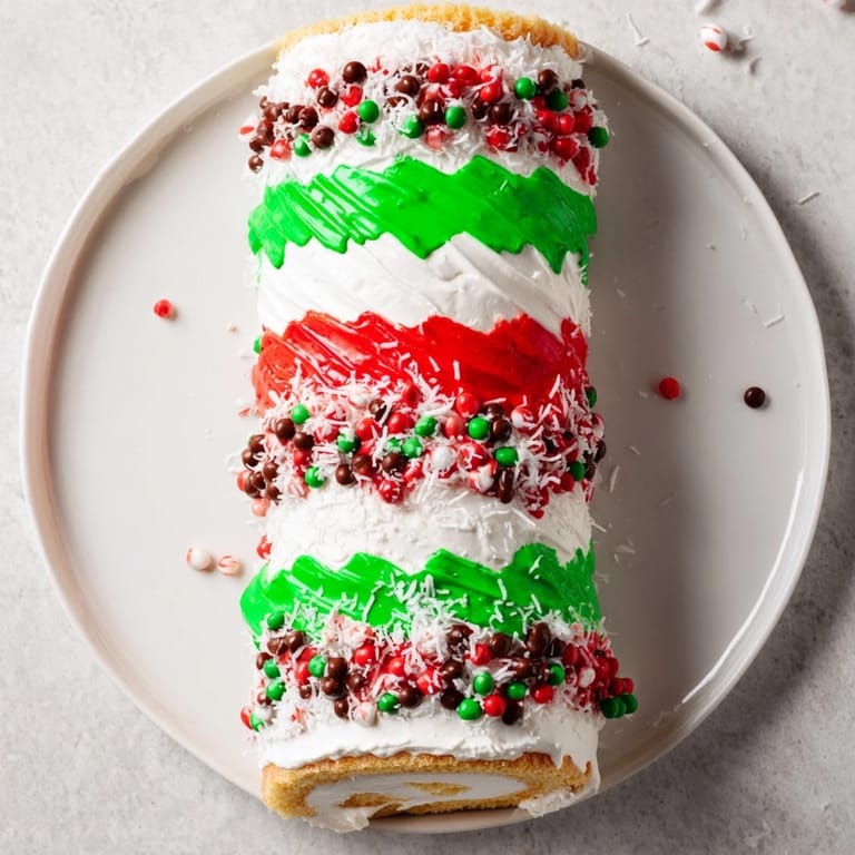 This Ugly Sweater Cake Roll showcases a close-up view of colorful frosting and candy decorations.