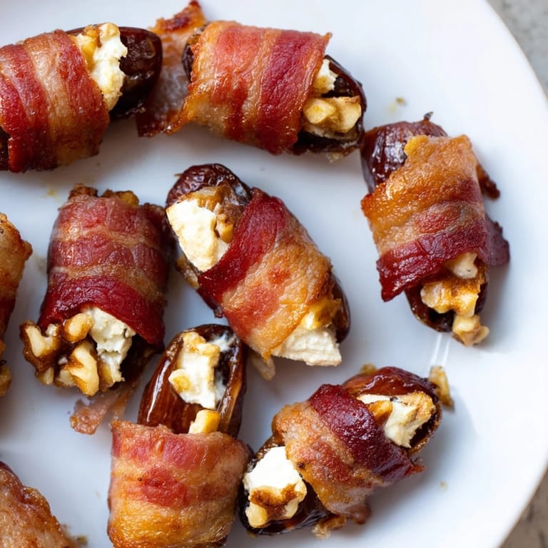 Smoky bacon embracing dates stuffed with cream cheese and walnuts, ready to eat and enjoy.