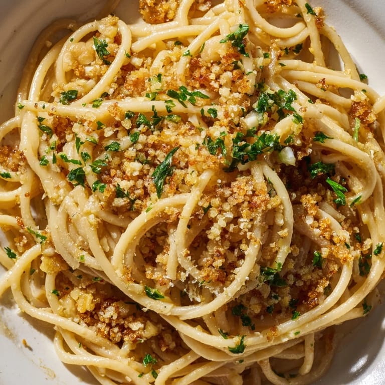 A plate of Garlic Butter Pasta showcasing the perfect bacon crumble and grated Parmesan cheese topping.