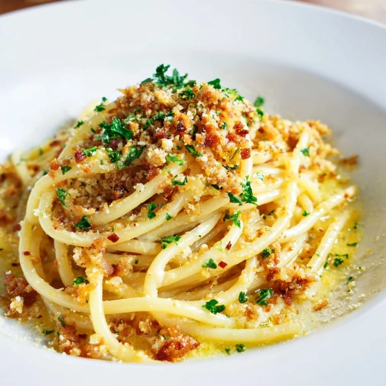 Close-up shot: steaming Garlic Butter Pasta, the rich sauce clinging to al dente spaghetti strands and bacon.