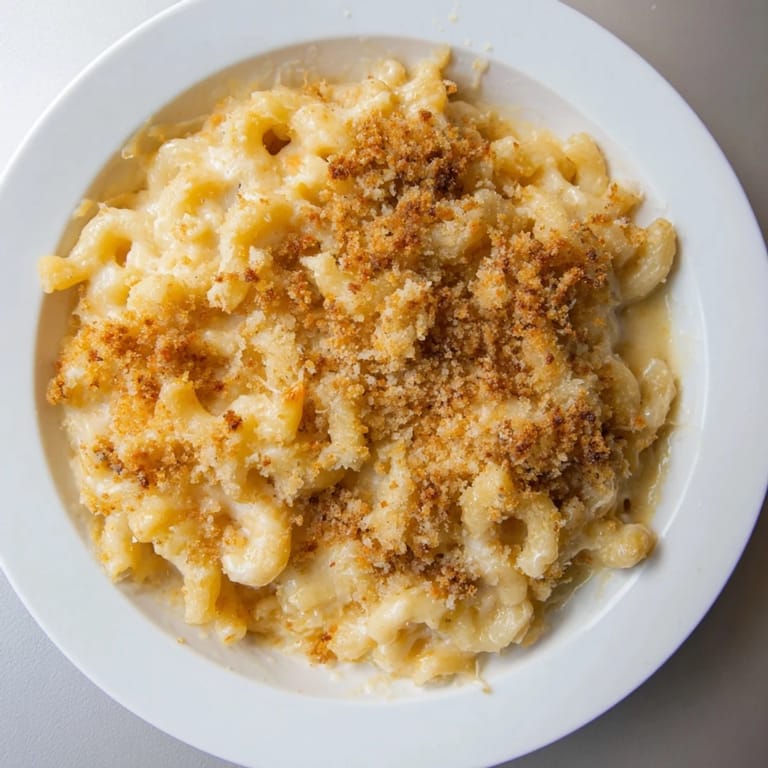 A close-up of delicious Baked Macaroni and Cheese, showing a creamy interior with a golden crust.