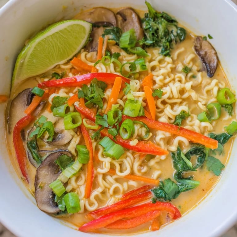 Flavorful Curry Coconut Ramen with vibrant vegetables, floating in a creamy coconut broth, ready to slurp.