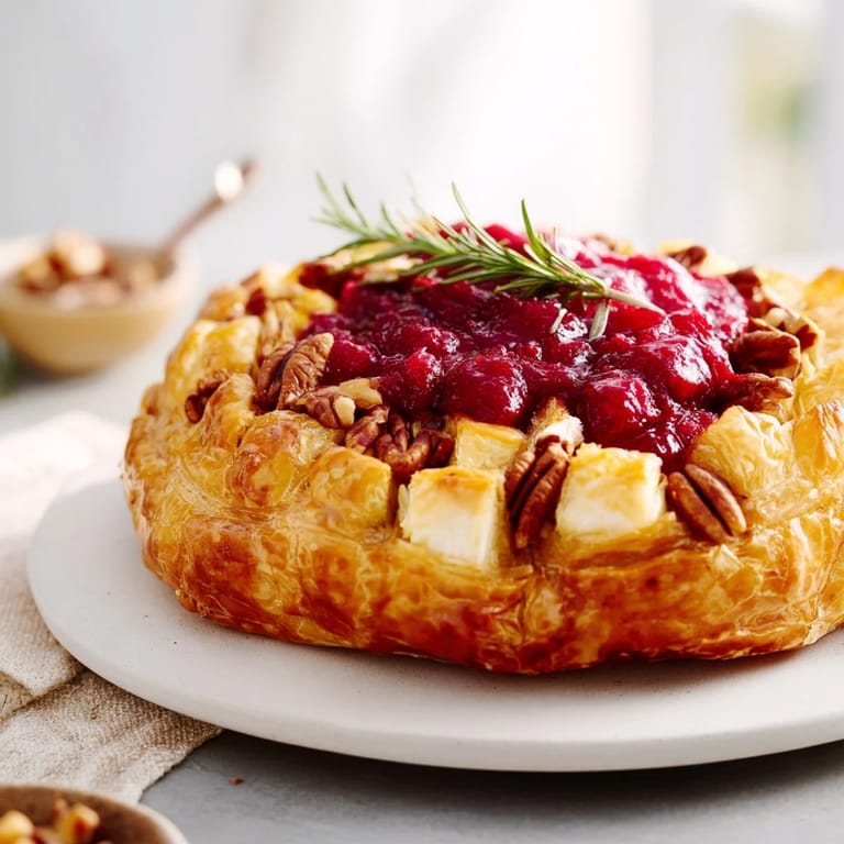A close-up of a tray of savory Cranberry Brie Bites, perfect for a holiday party spread.