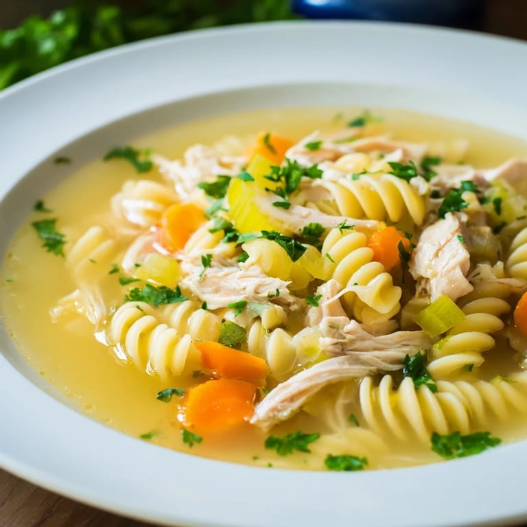 Fresh herbs garnish a warm, inviting bowl of Crockpot Chicken Noodle Soup, ideal for a cozy dinner.