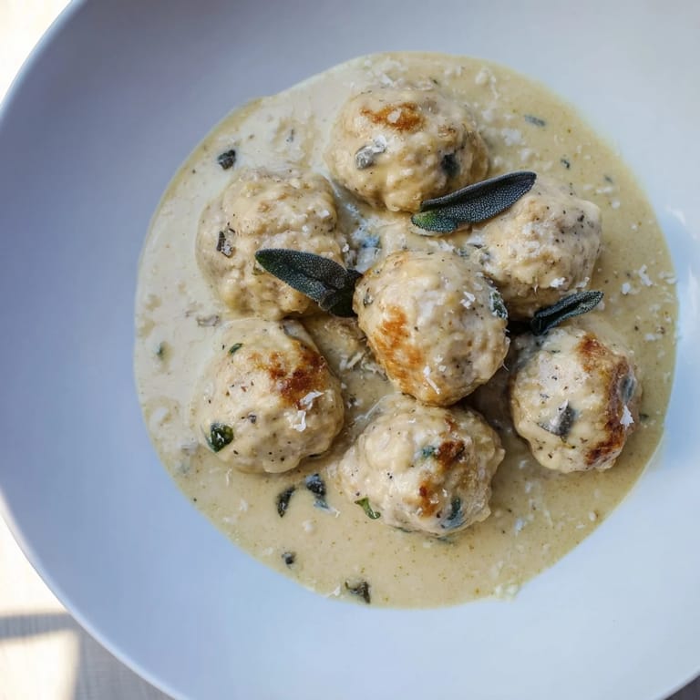 Golden-brown turkey meatballs simmering in a rich, flavorful pumpkin sage sauce.