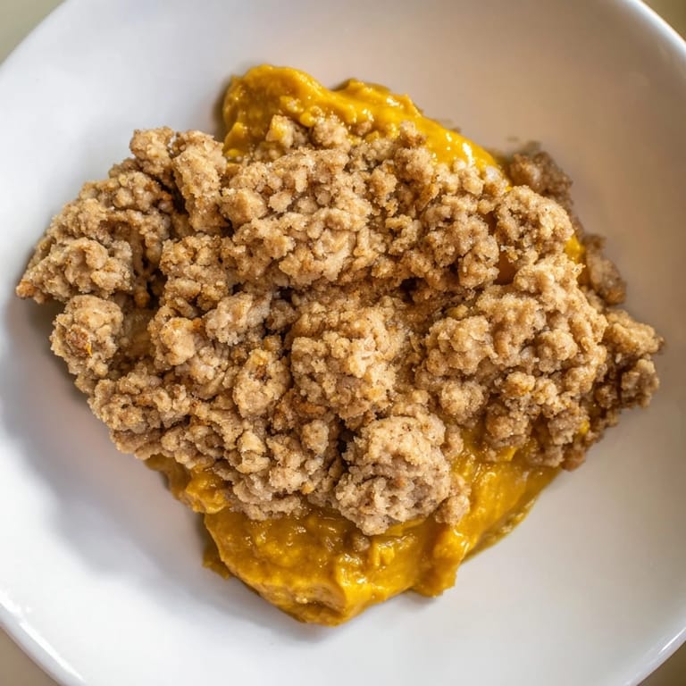 A bubbling dish of pumpkin crisp, the spiced filling beneath a crunchy brown sugar topping, ready to eat.