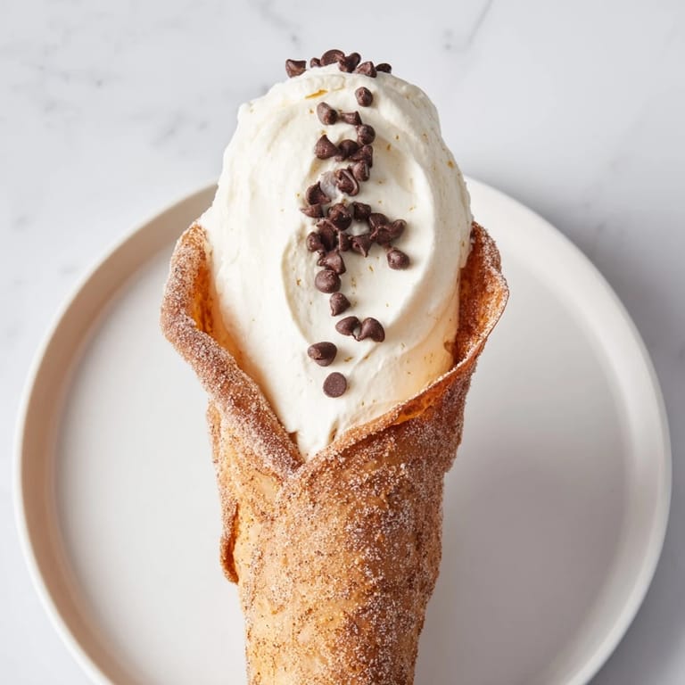 Freshly baked churro cheesecake cones, a sweet treat drizzled with chocolate chips and caramel for a festive dessert.