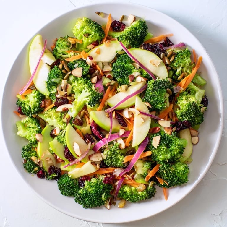 A beautifully arranged Broccoli and Apple Hot Girl Salad; a healthy and delicious vegetarian meal, ready to enjoy.