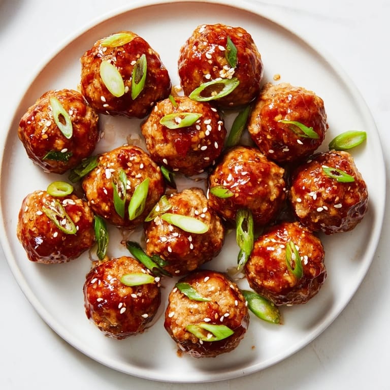 Close-up photo of the perfectly glazed Spicy Honey-Glazed Chicken Meatballs ready to be devoured, garnished with green onions.