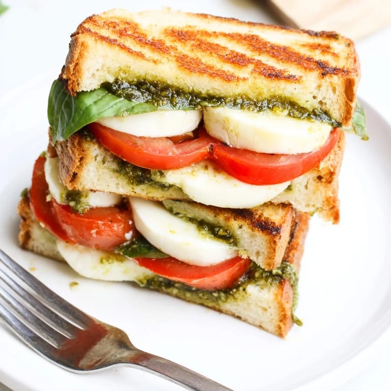 Mouthwatering image: A close-up of a perfectly grilled Caprese Pesto Panini-Style Grilled Cheese, ready to eat.