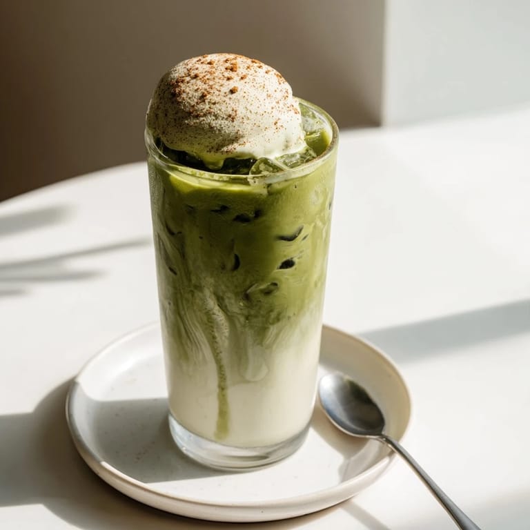 Refreshing Iced Cinnamon Roll Matcha with Protein Foam: a vibrant green matcha latte layered with white, fluffy foam.
