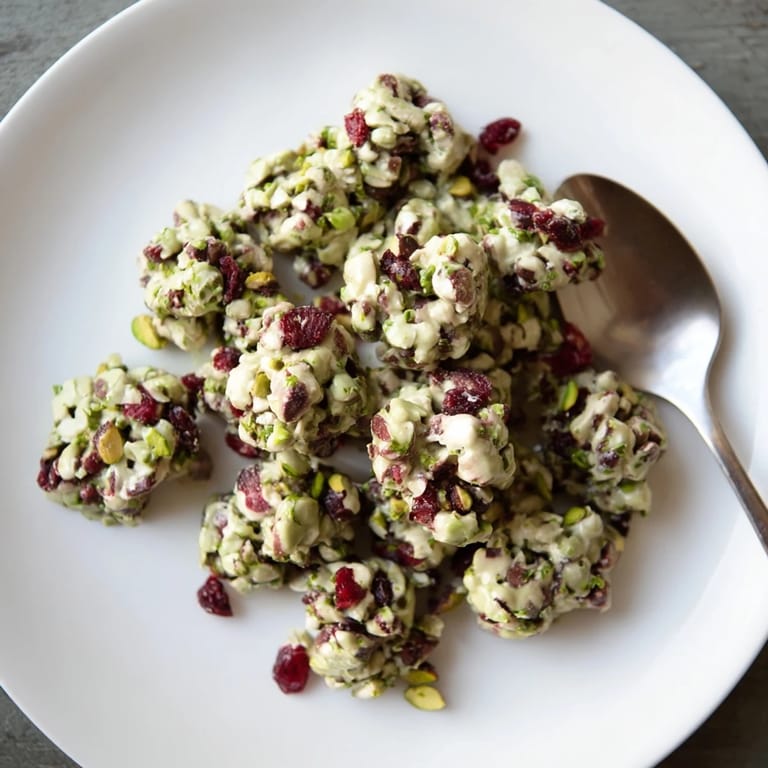 A close-up of Matcha White Chocolate Cranberry Bark Clusters; a delicious, elegant treat with pistachios.