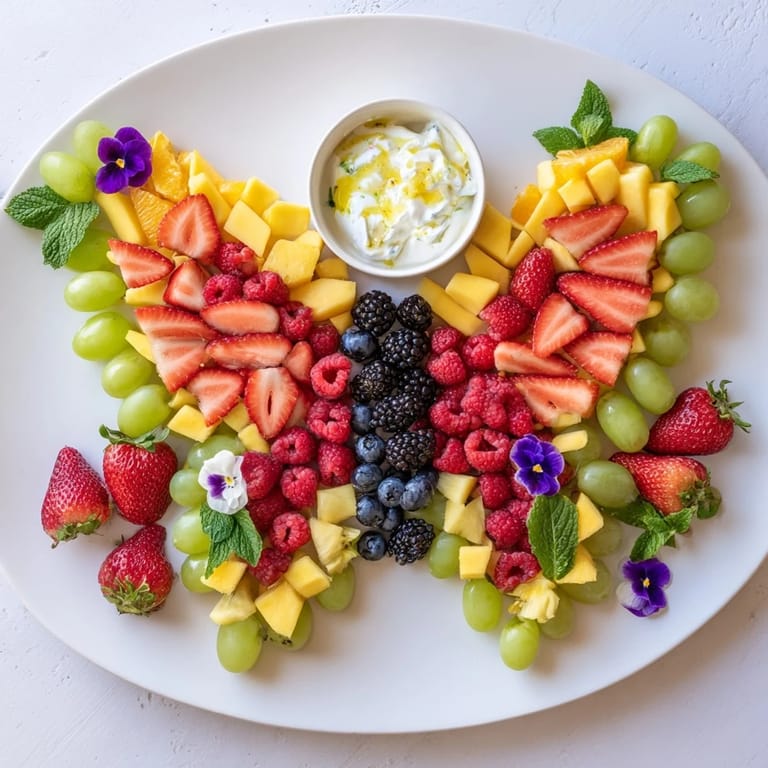 Butterfly Garden Fruit Board featuring juicy berries and tropical fruit, ready for a spring brunch.