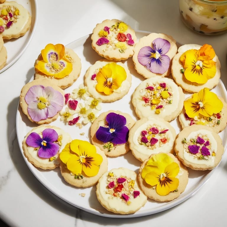 Sweet and vibrant Spring Flower Dessert Tray, offering shortbread, miniature cakes, and honey parfaits to enjoy.