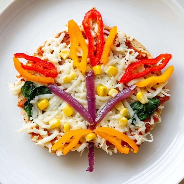 Delicious, vegetarian Fall Foliage Maple Leaf Mini Pizzas with beautifully arranged, baked vegetable toppings.