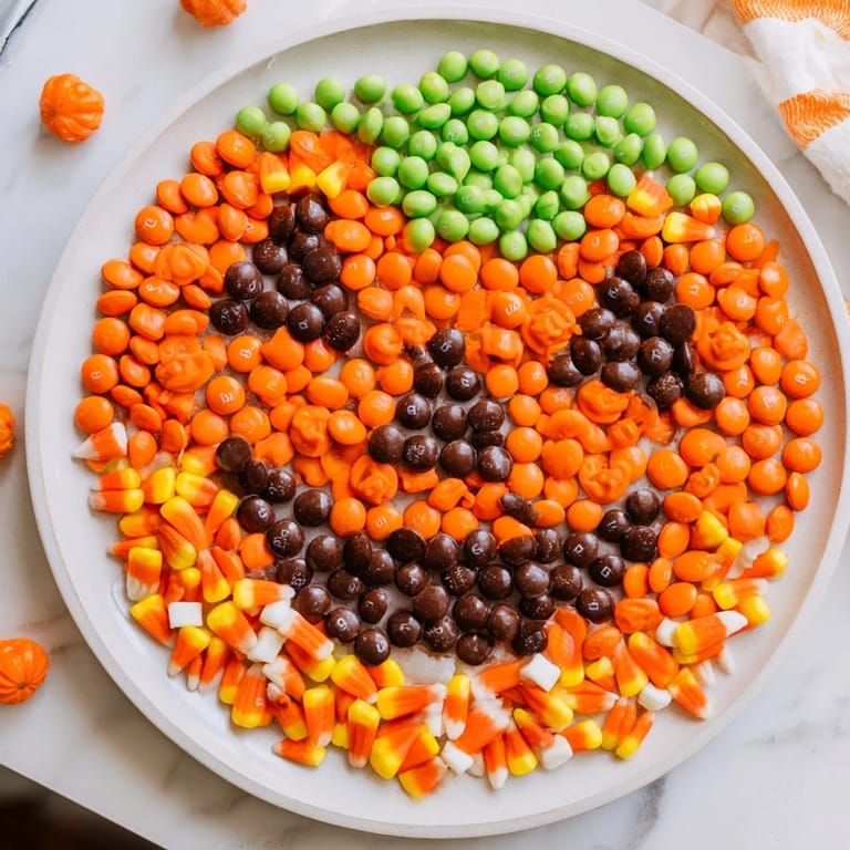 Sweet orange candies form the base of this vibrant Jack-o-Lantern Candy Board featuring licorice eyes and mouth.