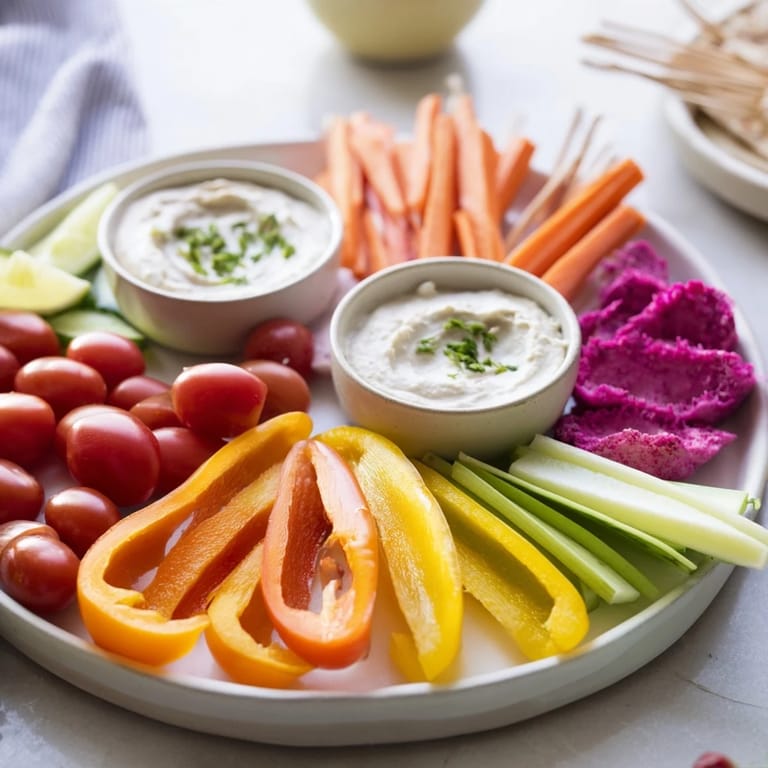 A visually appealing, colorful array of Rainbow Vegetable Dips, perfect for a healthy and satisfying appetizer.