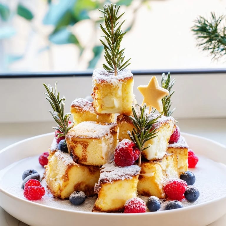 Sweet, cinnamon-kissed Eggnog French Toast Bites, piled high with fresh berries for a brunch delight.