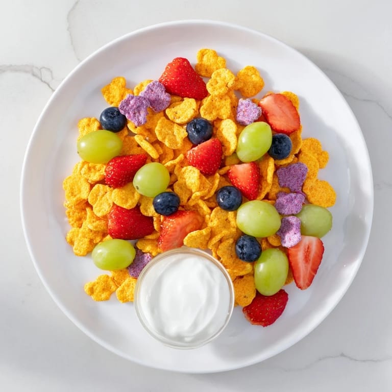 Close-up photo of rainbow Goldfish crackers with fresh berries and creamy yogurt, ready to eat.