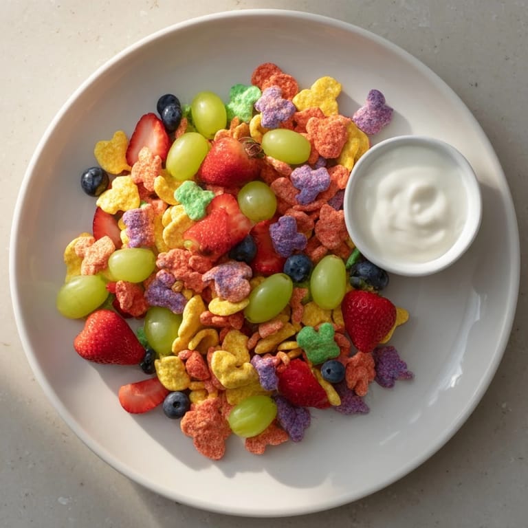 Plump blueberries and sliced strawberries surrounding a tasty pile of rainbow Goldfish crackers.