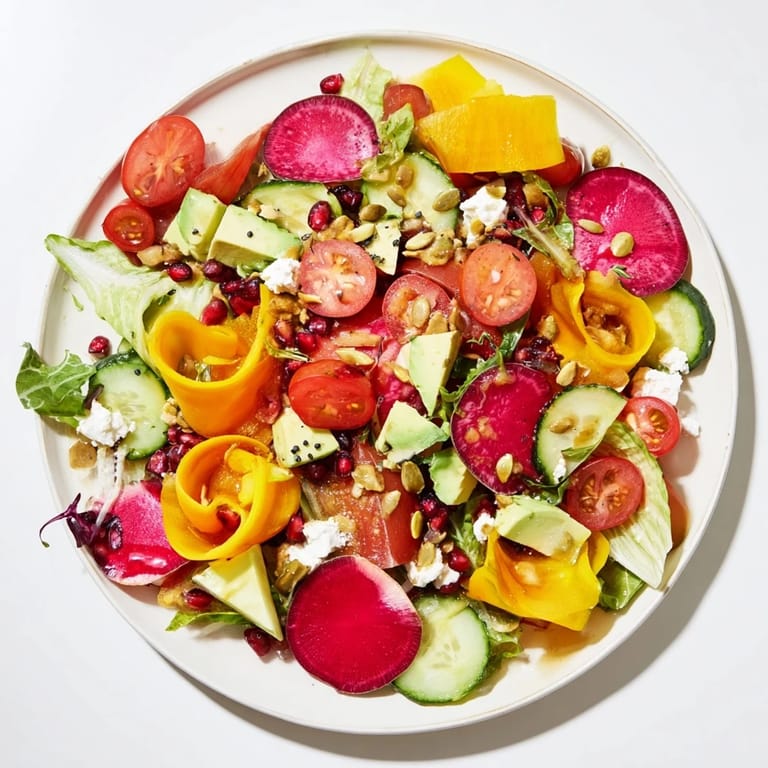 This Abstract Expressionist splash salad features a colorful arrangement of fresh veggies and a light dressing.