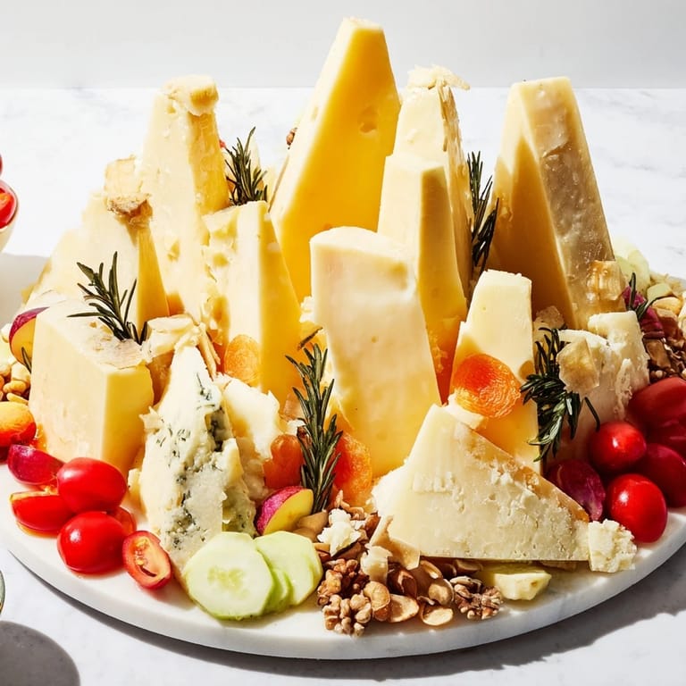 This Sculptural Cheese Landscape features stunning cheese "mountains" with grapes, apricots, and nuts for a savory treat.