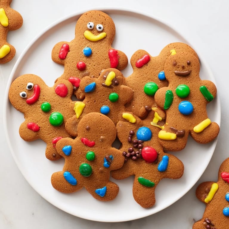 A close-up of the DIY Gingerbread People decorating kit, displaying frosted cookies alongside colorful candy options.