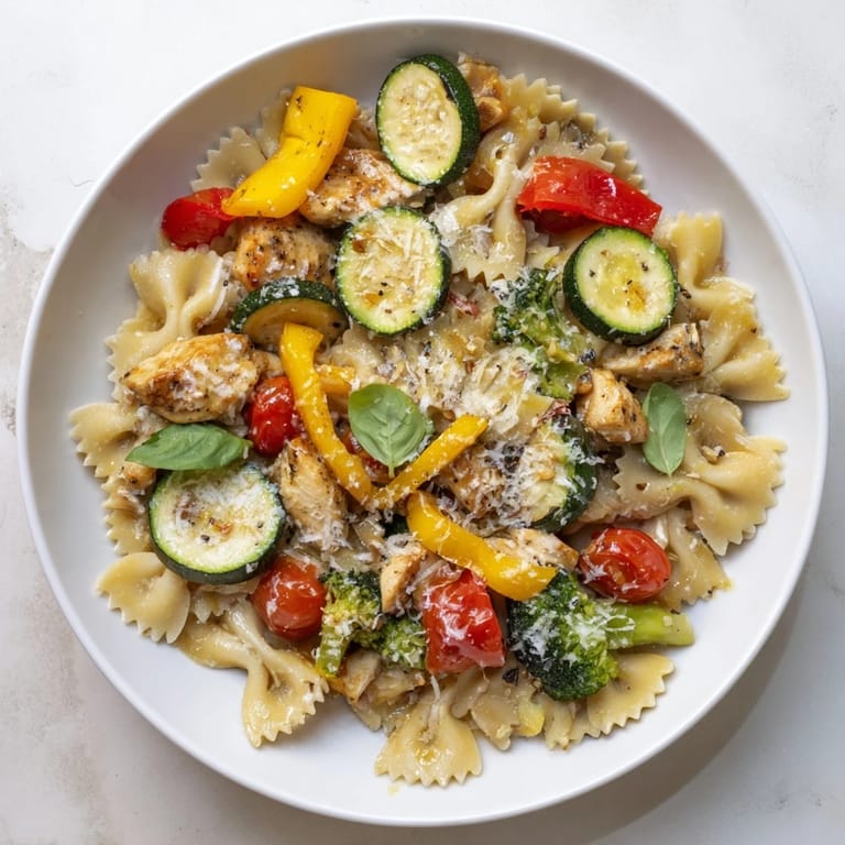 Vibrant 5-4-3-2-1 Pasta Primavera with colorful vegetables and tender chicken, ready to eat.