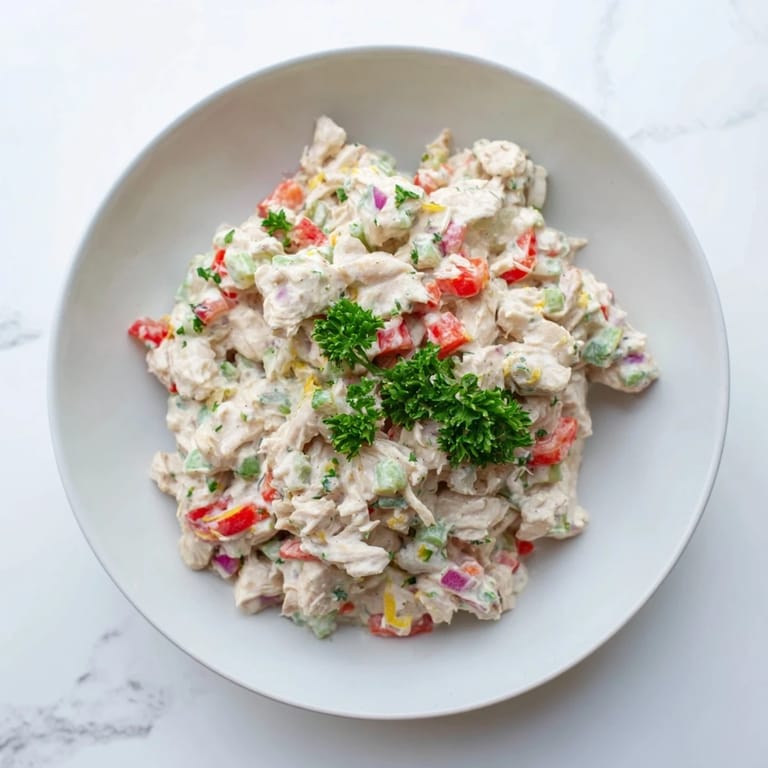 Fresh, easy canned chicken salad, combining diced vegetables with Mrs. Dash seasoning.