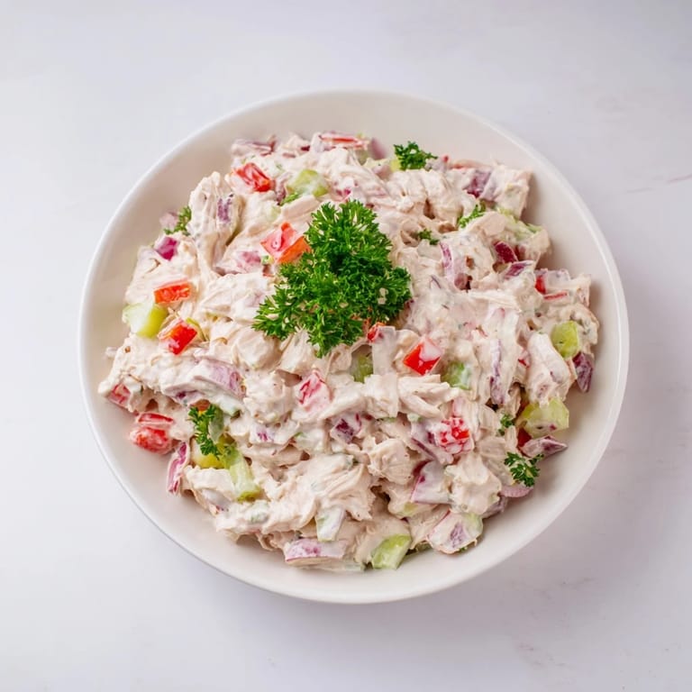 A close-up of delicious canned chicken salad speckled with herbs, ready to serve.