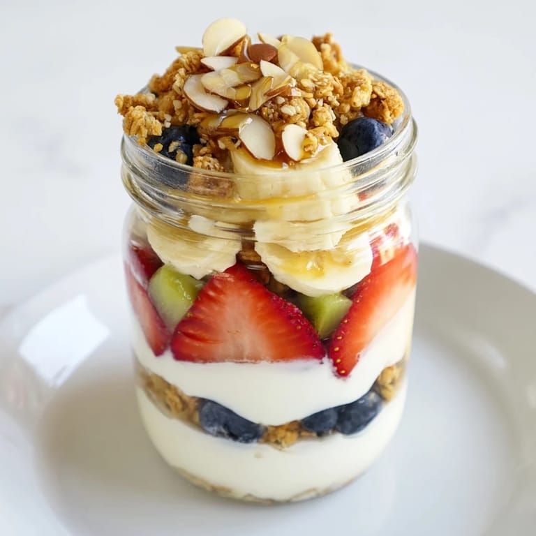 Enjoy a refreshing layered yogurt fruit parfait: creamy yogurt, colorful fruit, and sweet granola.