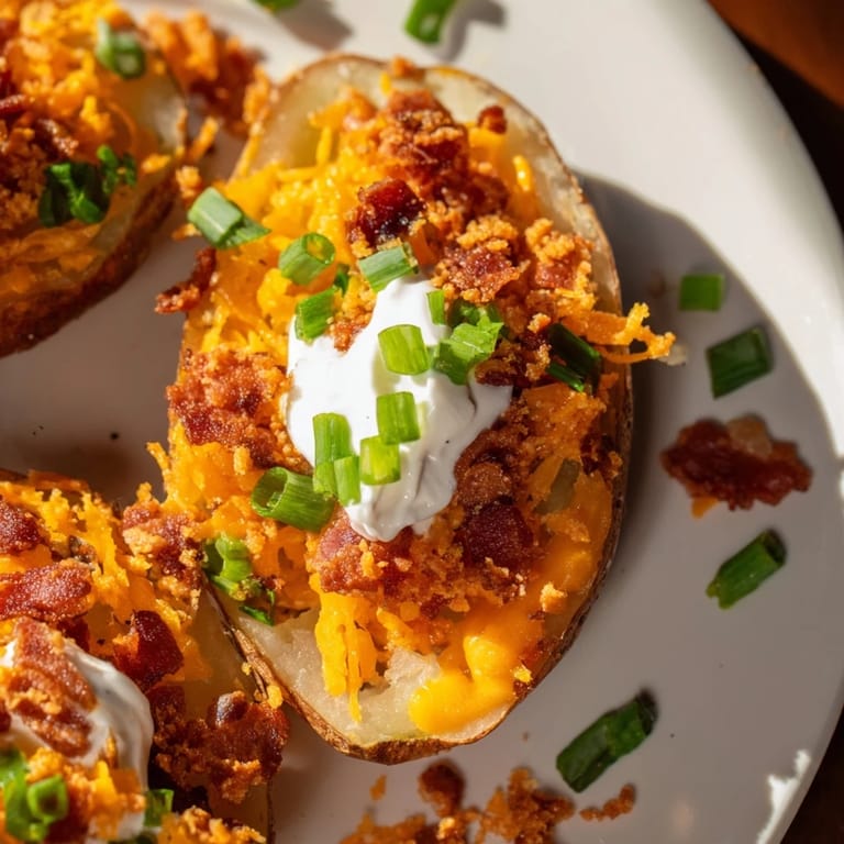 Perfectly cooked Loaded Baked Potato Skins ready to eat, topped with cool sour cream and fresh green onions.