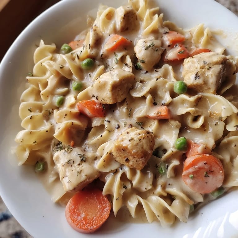 Delectable Creamy Chicken and Egg Noodles, with visible herbs and carrots in a rich, velvety sauce.