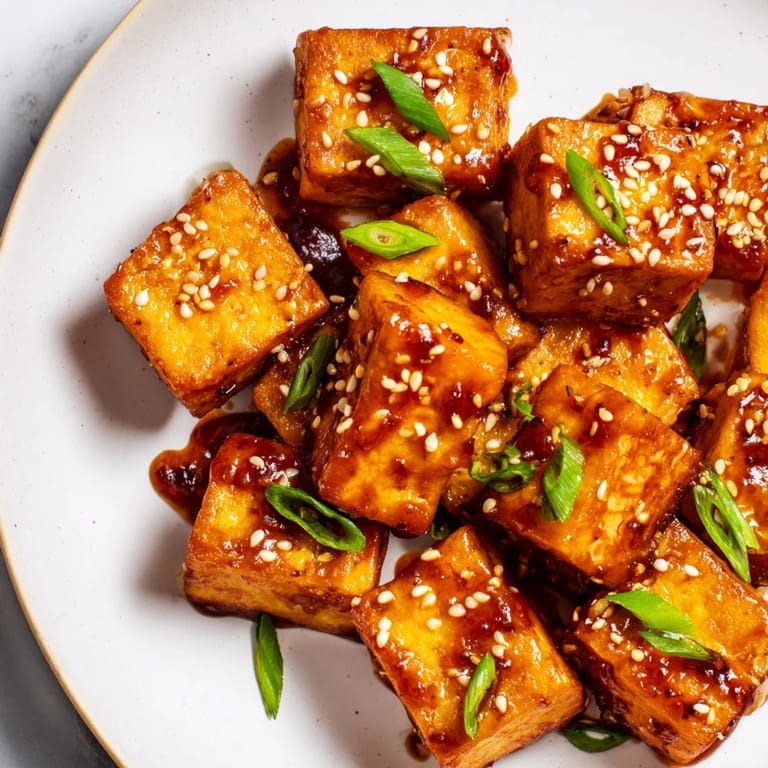 A plate of sticky and flavorful Honey Gochujang Tofu, garnished with sesame seeds and green onions.