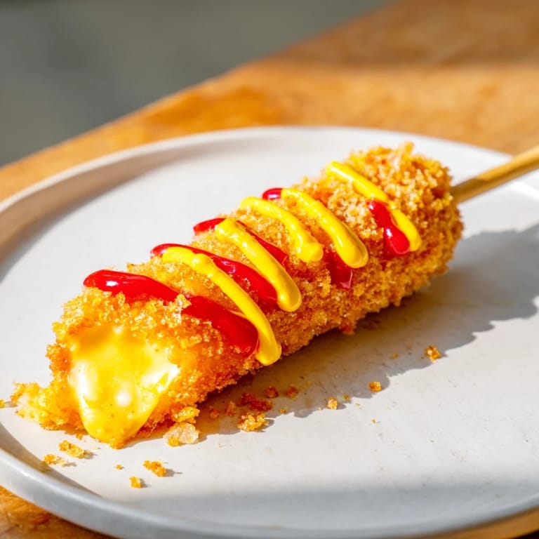 Deliciously crispy Cheesy Korean Corn Dogs with a stretchy cheese pull, served warm with ketchup.