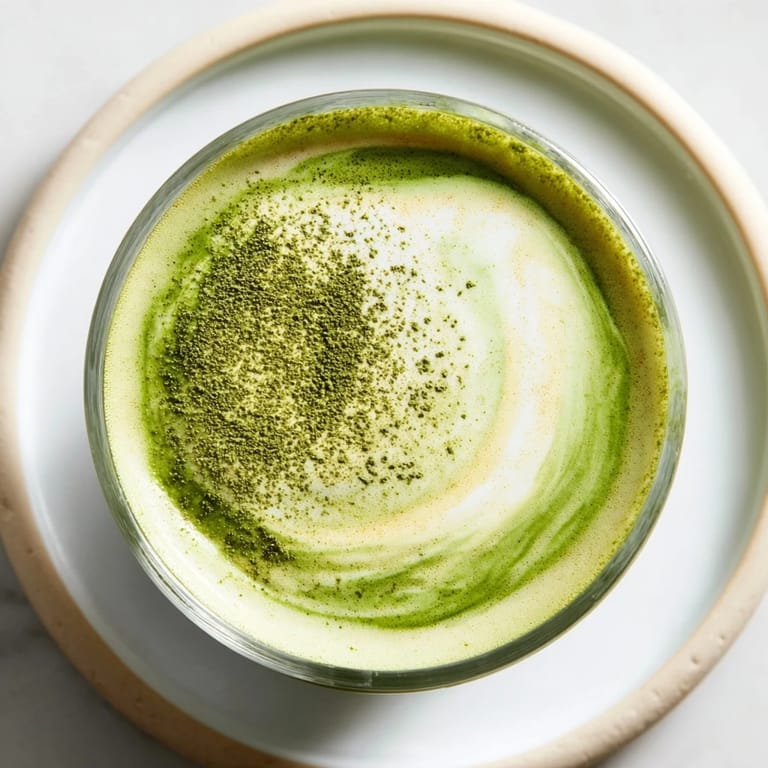 Steaming creamy matcha latte with a cloud of sweetened cold foam, ready for a delicious sip.
