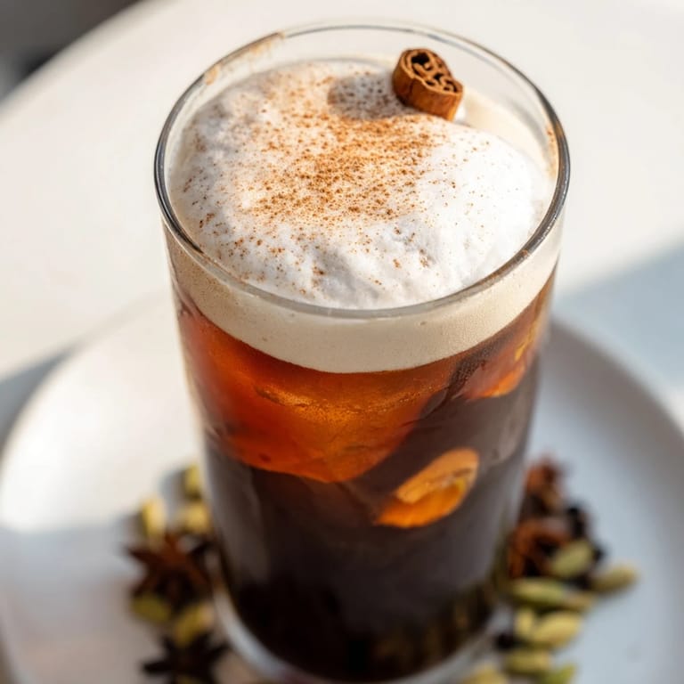 A close-up of a homemade iced chai, showing the creamy cold foam and spiced tea layers clearly.