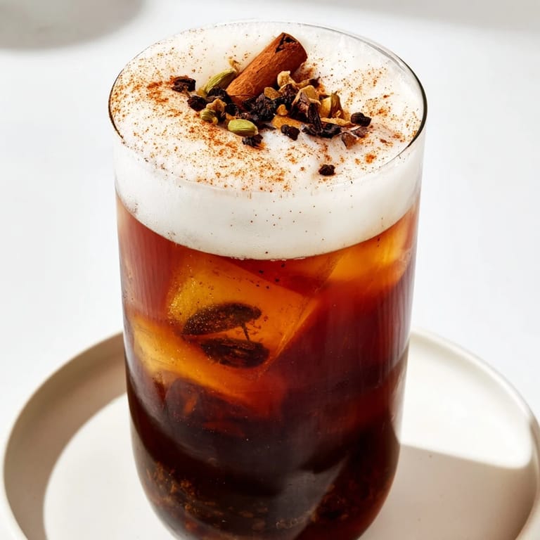 Homemade iced chai brimming in a tall glass, garnished with a dusting of cinnamon, looks delicious.