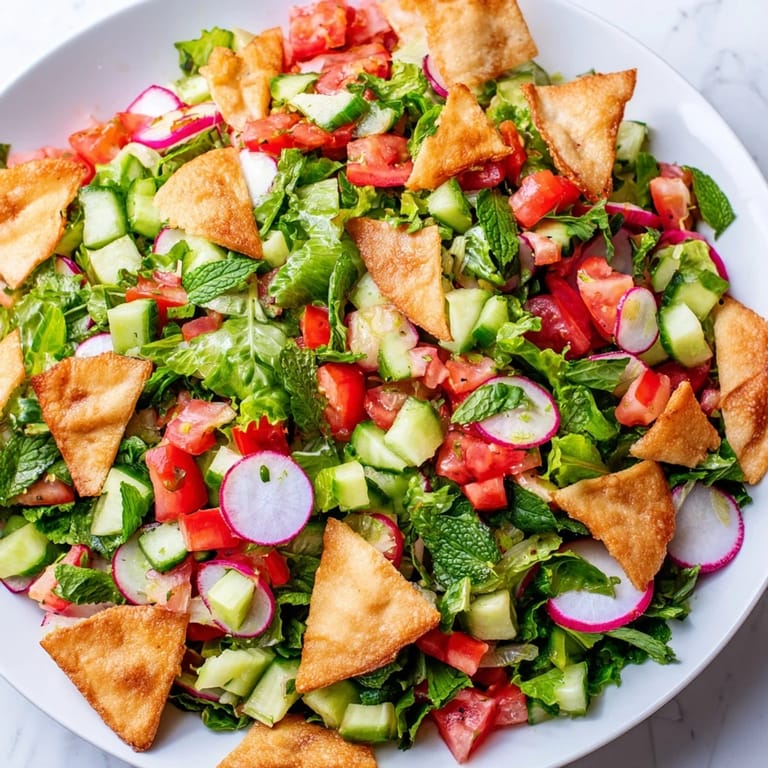 A bowl of delicious Lebanese Fattoush Salad, featuring chopped vegetables and sumac dressing.