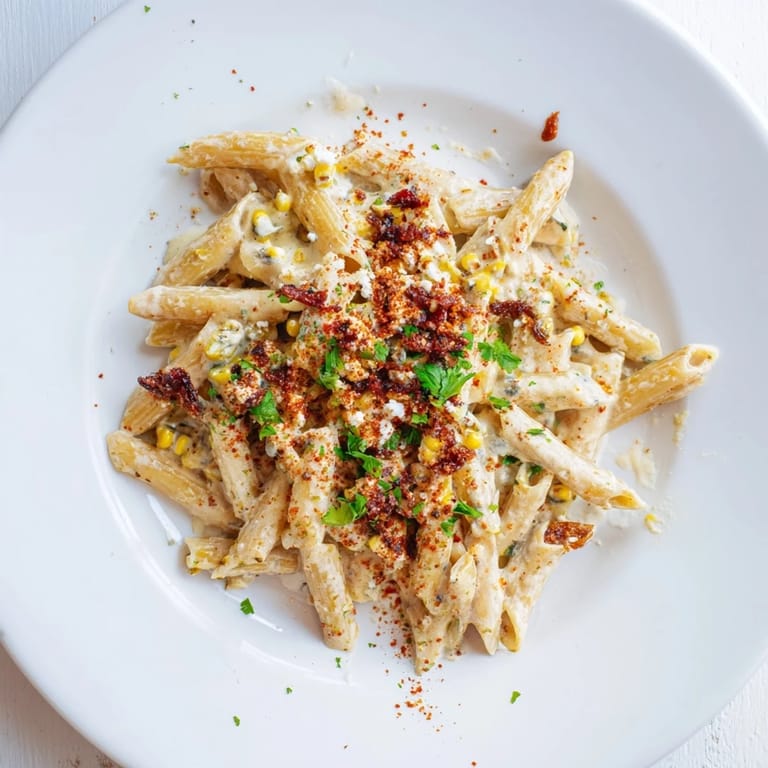 A bowl of delicious Mexican Street Corn Pasta, featuring tender pasta coated in a creamy sauce and cotija cheese.