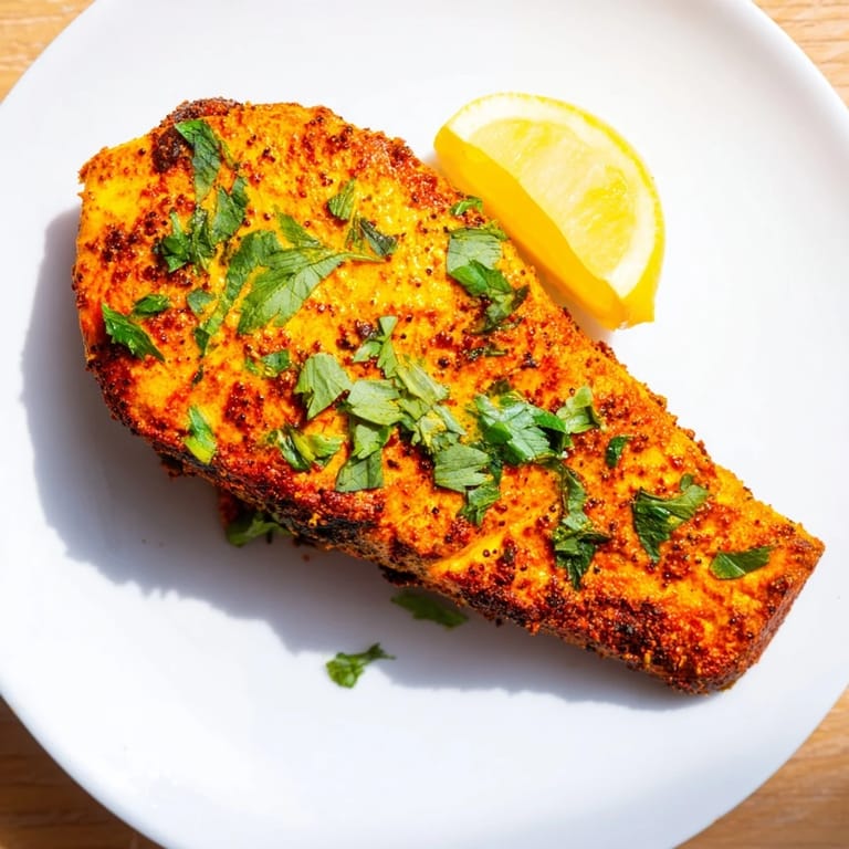 Tender Indian Tikka Salmon glistens, coated in spices, perfect for a flavorful dinner tonight.