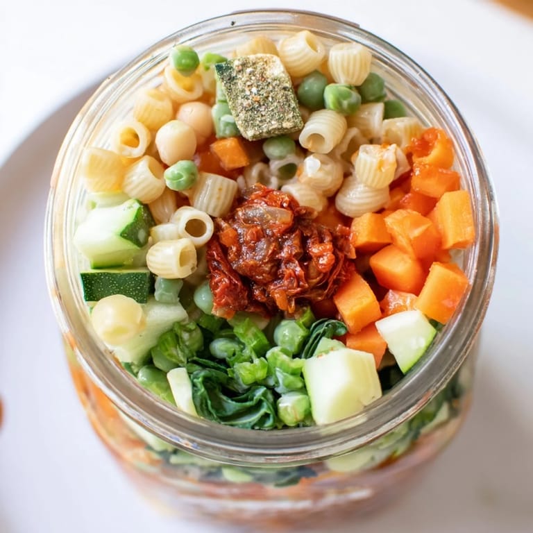 Homemade minestrone soup in jars, featuring vibrant vegetables and pasta, makes a healthy, easy lunch.